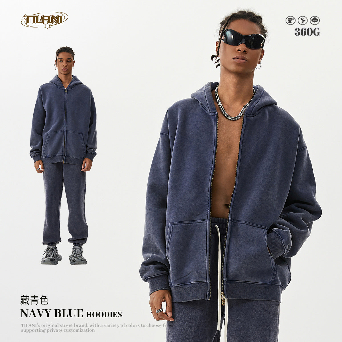 TILANI men's sweater cardigan fleece-lined thickened zipper coat 360g washed vintage waxed casual hoodie