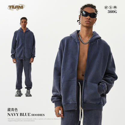 TILANI men's sweater cardigan fleece-lined thickened zipper coat 360g washed vintage waxed casual hoodie