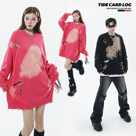 TIDE CARD LOG | Autumn and winter high street fashionable design faded pin ripped couple round neck loose sweater by PDG ibma