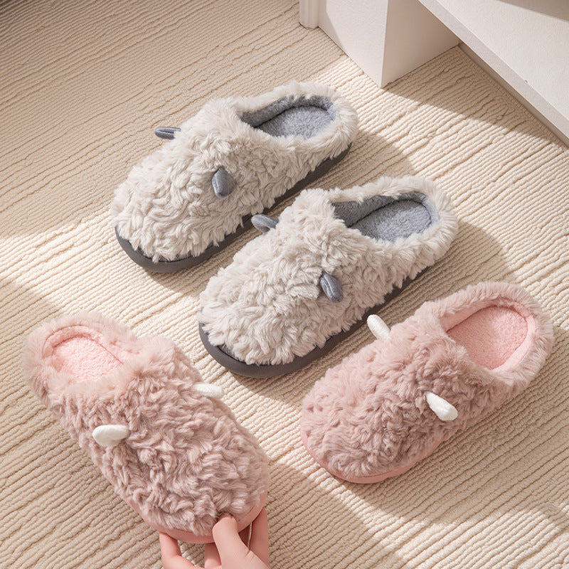 Winter Cotton Slippers Cute Women's Ears Men's Couple Home Indoor Warm Confinement Shoes Non-Slip Plush Plush Slippers