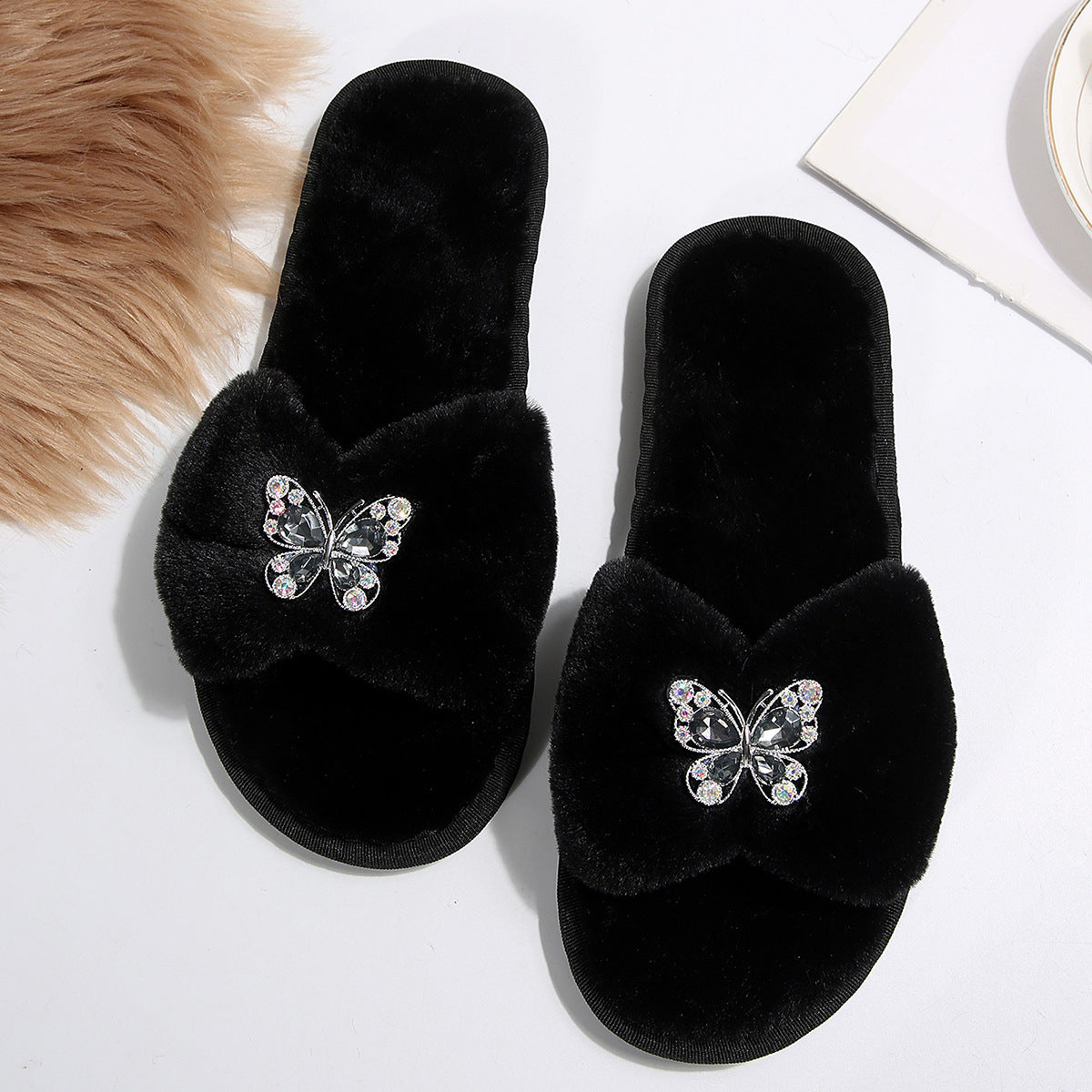 Cross-Border Rhinestone Butterfly Fur Slippers for Women Foreign Trade Large Size New Home Indoor and Outdoor Warm Fashion Cotton Slippers for Women