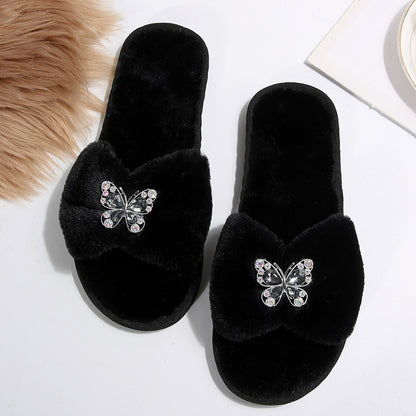 Cross-Border Rhinestone Butterfly Fur Slippers for Women Foreign Trade Large Size New Home Indoor and Outdoor Warm Fashion Cotton Slippers for Women