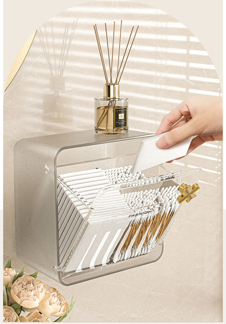 Cotton Swab Storage Box, Wall-Mounted, No-Drill, Elastic Band, Makeup Cotton, Makeup Remover Wipes Storage Box, Bathroom Hairpin Organizer Box
