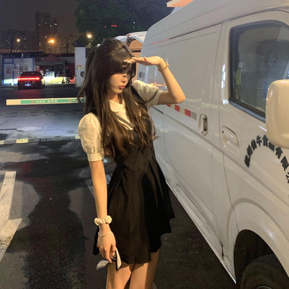 French Design Sense suit 2024 New College Style Women's Wear Spring Black Strap Sweet and Spicy dress Summer
