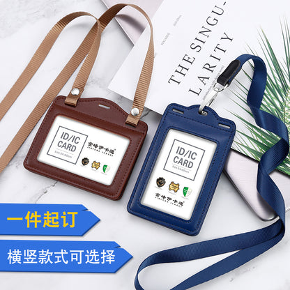 Real work permit leather case unit work permit with lanyard four-card work card badge hanging neck staff card bus access control
