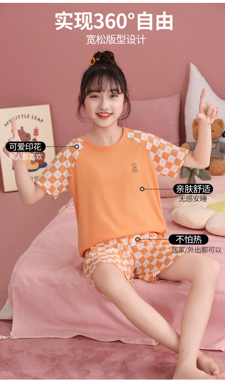 Children's Pajamas, Pure Cotton, Summer Short-Sleeved Shorts Set for Boys, Home Clothes for Girls, Air-Conditioned Clothes for Middle-Aged and Older Boys