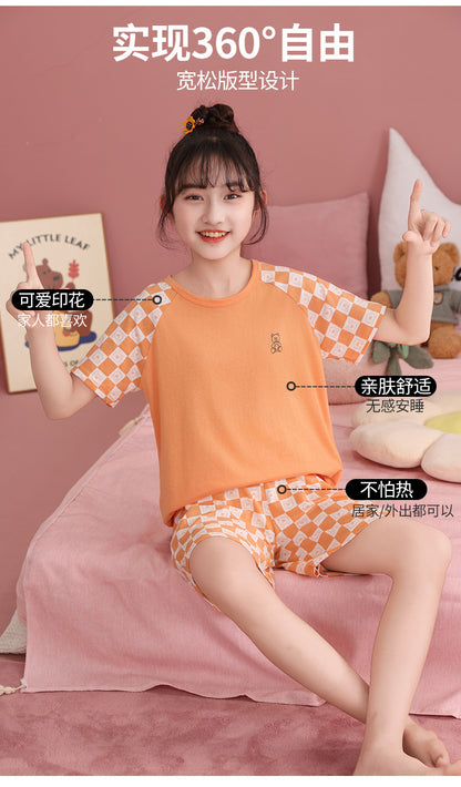 Children's Pajamas, Pure Cotton, Summer Short-Sleeved Shorts Set for Boys, Home Clothes for Girls, Air-Conditioned Clothes for Middle-Aged and Older Boys