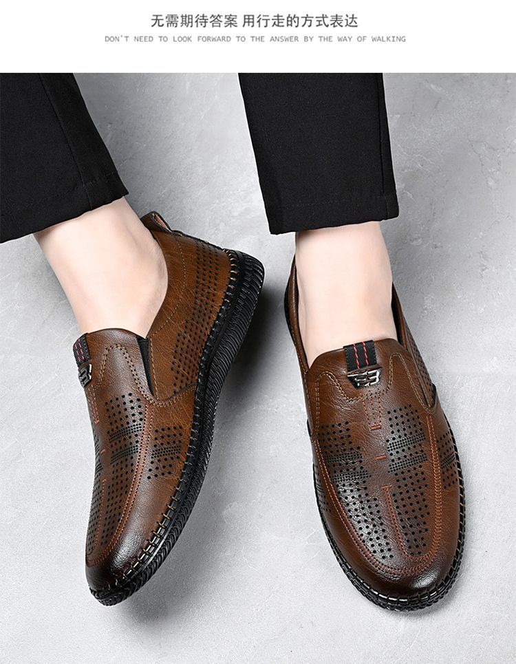 [Broken Size Processing] Leather Shoes Men's Genuine Leather Hole Shoes Dad Shoes Summer Soft Bottom Breathable Lazy Bean Shoes