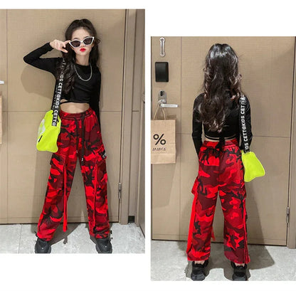Girls Camouflage Pants Kids Fashion Casual High waisted wide leg pants 2025 Spring Fall ClothesTeen Girl Trousers 8 10 12 14Y