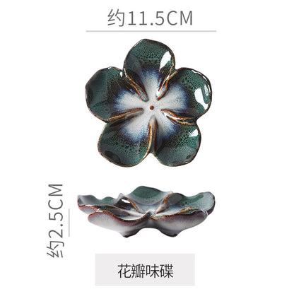Retro Japanese Ceramic Plate Flower-Shaped Small Plate Creative Flavor Plate Dipping Plate Small Dish Multi-Color Kiln-Turned Plate