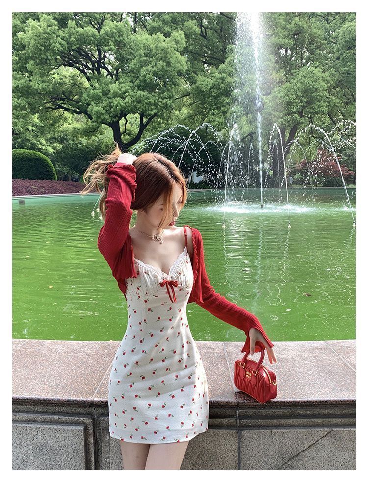 Plus Size Fat mm French Sweet Sexy Sweet Contrasting Suspender Skirt Women's Summer Red Cardigan + Floral Skirt Two-Piece Set