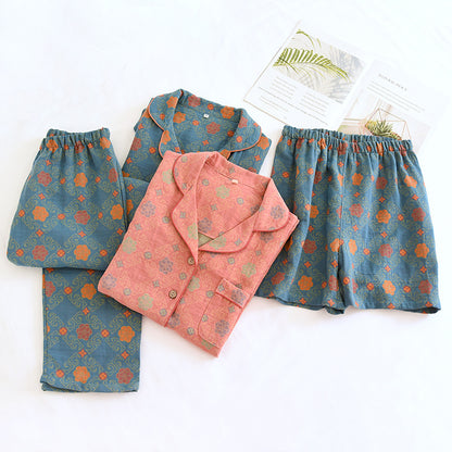 Yarn-dyed cotton pajamas women's summer short-sleeved printed summer retro loose home wear three-piece set can be worn outside