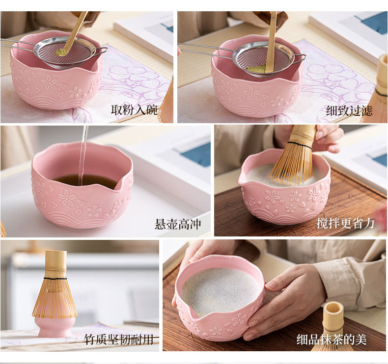 Directly Supplied from the Manufacturer, Exclusively for Cross-Border Trade, Ceramic Matcha Bowl Set with Embossed Cherry Blossom Design, 7-Piece Set with Spout, High Aesthetic Value, Color Box Packaging