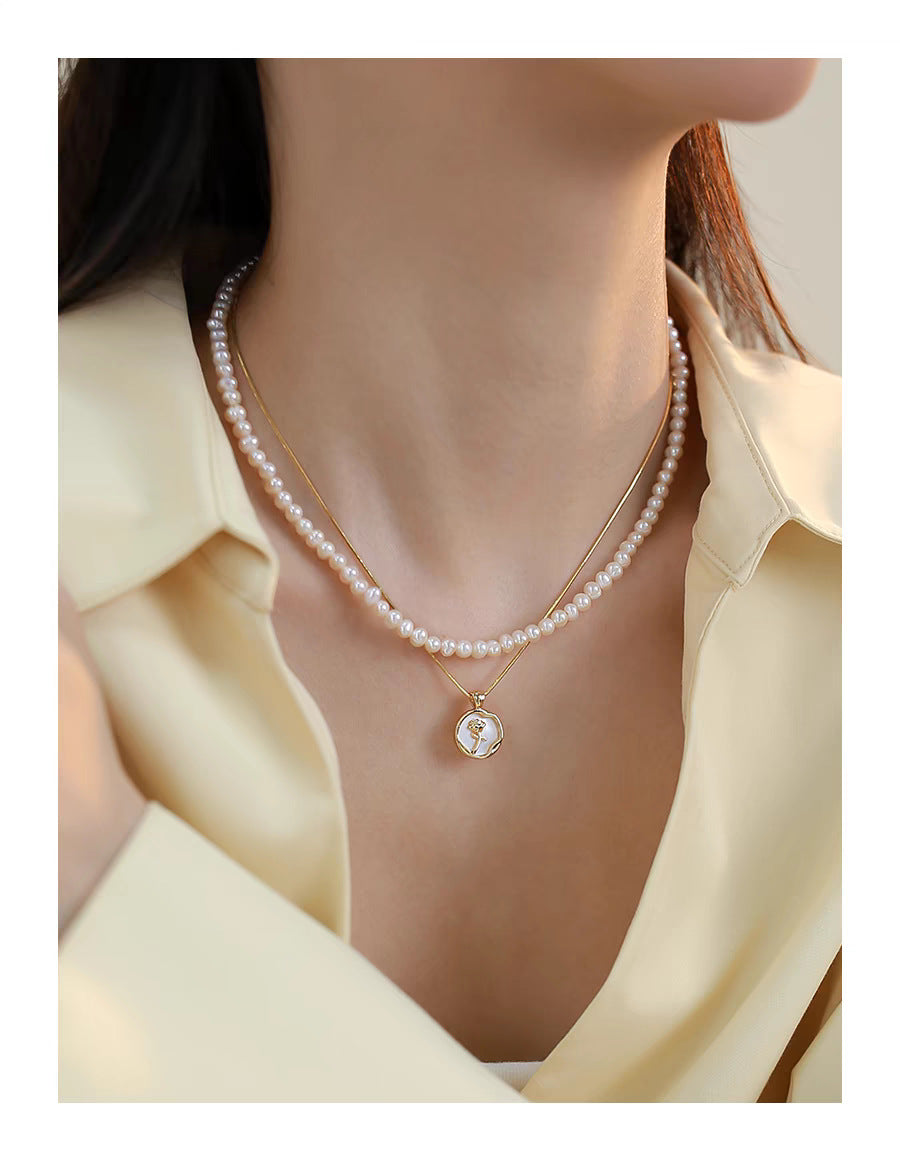 Natural Freshwater Non-nuclear Pearl Double Layer Overlapping Necklace Women's Mother-of-Fritillary Rose Pendant Gold Plated Sweet Light Luxury Set