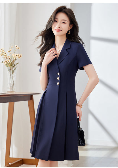 [Elegant Long Skirt] V-neck Short-sleeved dress High-end Work Clothes Mid-length Skirt Spring and Summer Business Wear Uniform