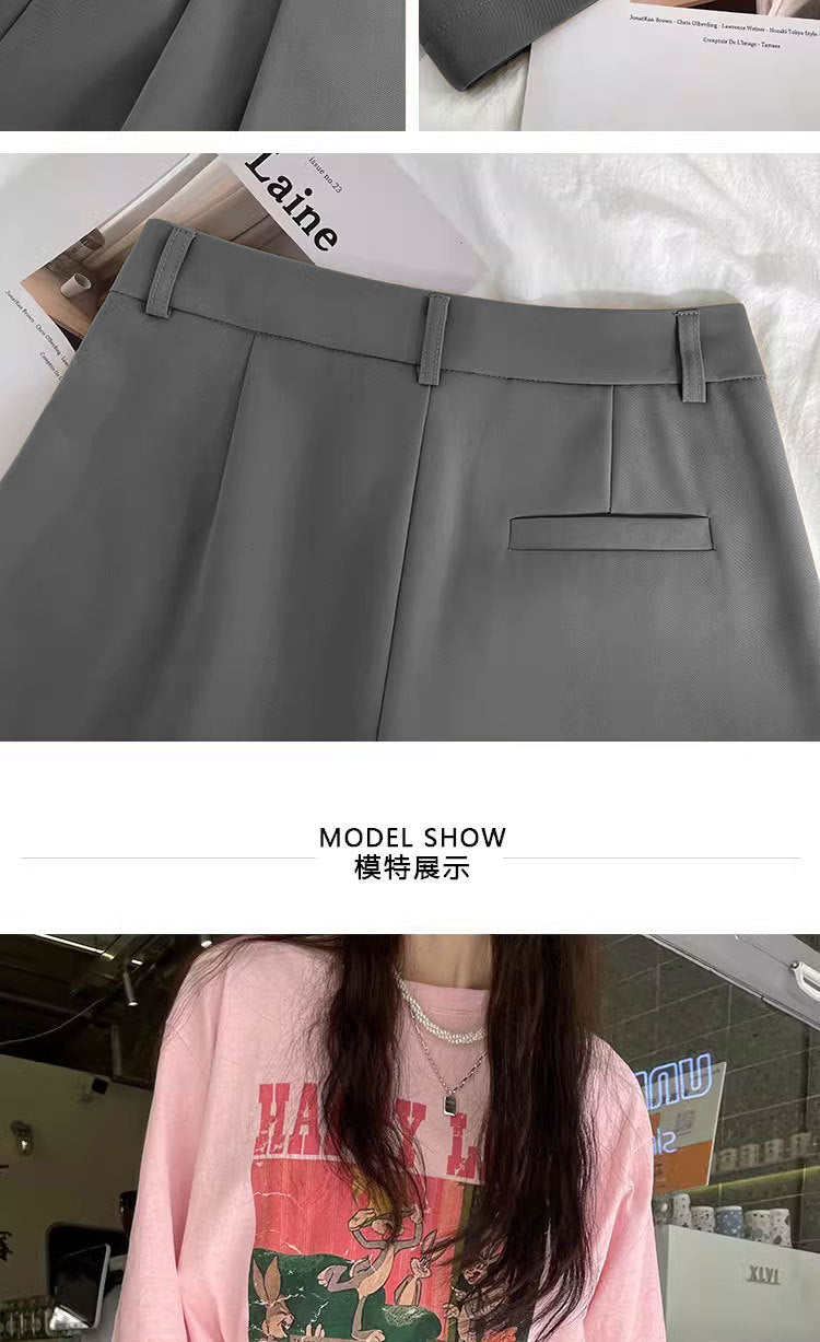 Gray Suit Pants for Women Spring and Summer New High-Waisted Double Pleated Slim Floor-Length Trousers Casual Straight Wide-Leg Pants