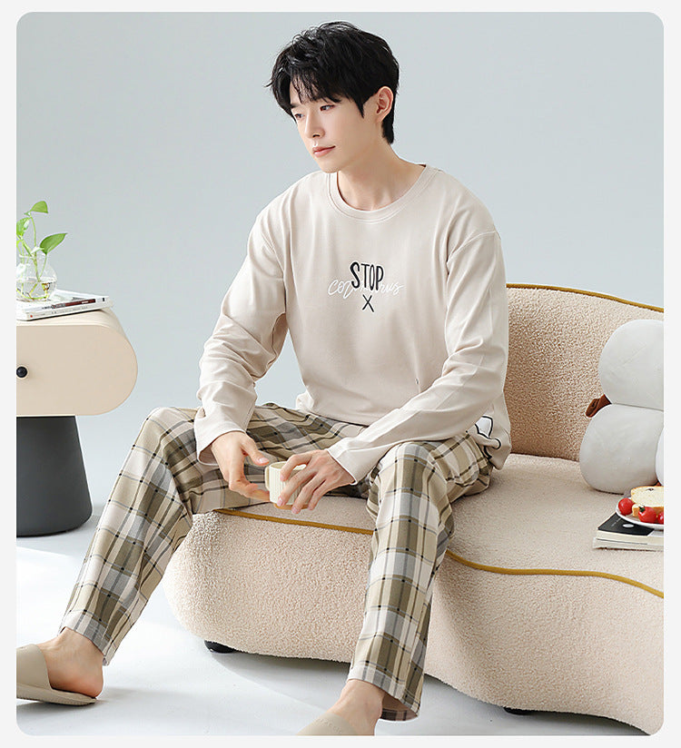 Plus Size 5XL 100% Cotton Men's Long-Sleeved Pajamas Spring & Fall Long-Sleeved 105kg Can Be Worn Outside Home Clothes Set