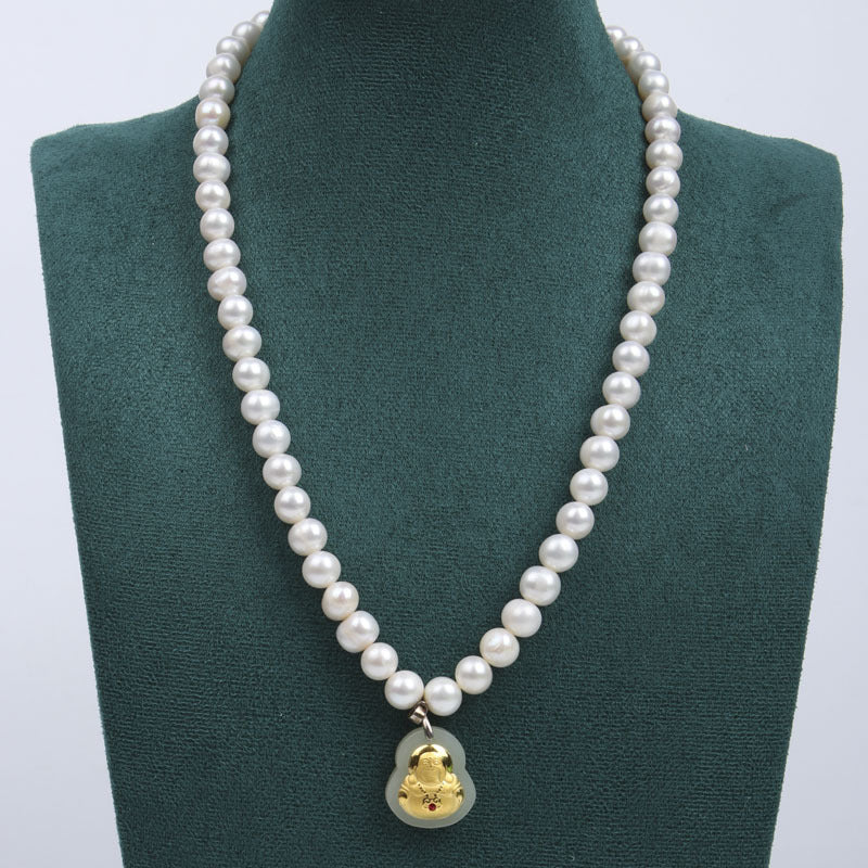 8-9 Natural Freshwater Pearl Necklace, Gold-Inlaid Jade Small Buddha Jade Necklace, Gift for Mom on Mother's Day