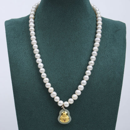 8-9 Natural Freshwater Pearl Necklace, Gold-Inlaid Jade Small Buddha Jade Necklace, Gift for Mom on Mother's Day