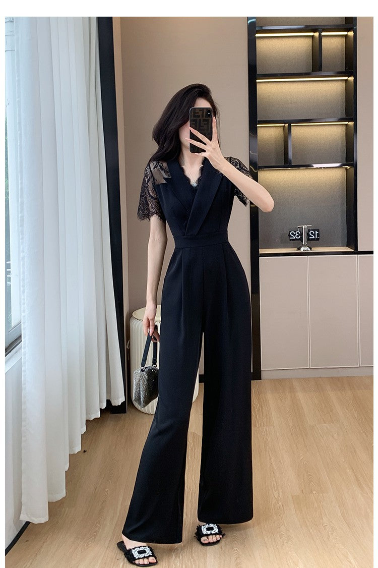 Cross-border High Leng Yujie Style Pants Women's Summer Short-sleeved High Waist Lace Stitching Hollow-out Pants Straight Pants