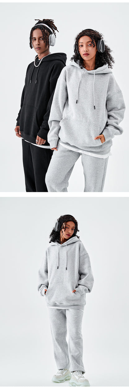 Tilani Men's Clothing European and American Trendy Brand High Quality 350g Fleece-Lined Thick Men's and Women's Hooded Sweatshirt and Sweatpants Pure Color Suit