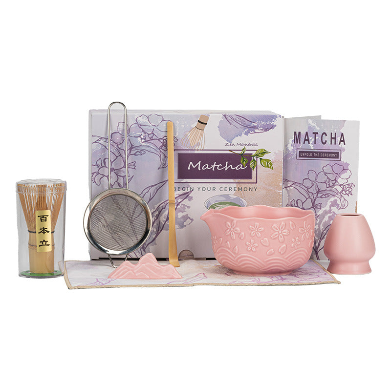 Directly Supplied from the Manufacturer, Exclusively for Cross-Border Trade, Ceramic Matcha Bowl Set with Embossed Cherry Blossom Design, 7-Piece Set with Spout, High Aesthetic Value, Color Box Packaging