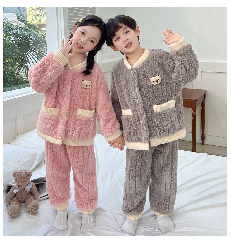 Boys and Girls Pajamas Cotton Velvet Home Clothes Autumn and Winter Children's Winter Pajamas Western Style Thickened Pajamas