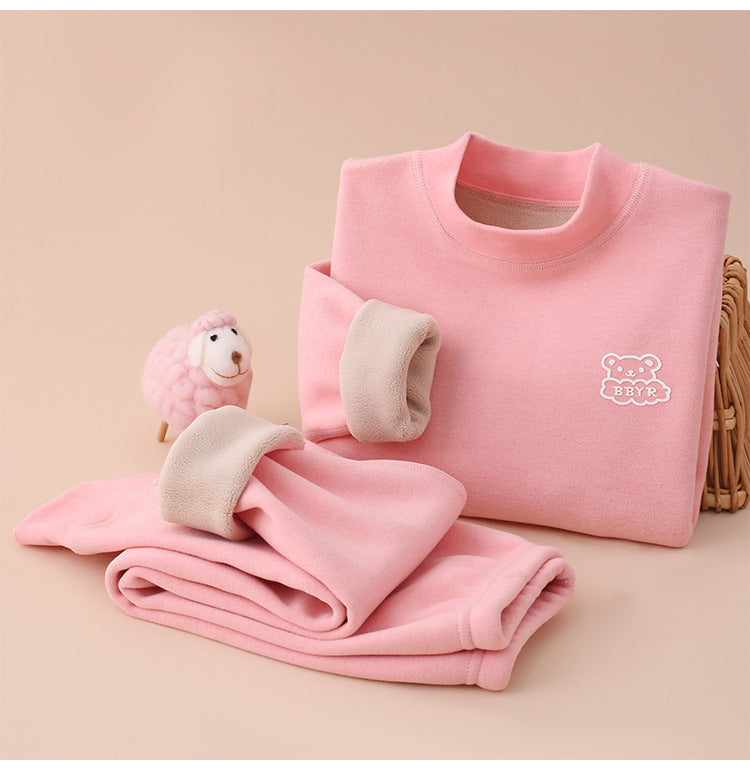Autumn and winter fleece-lined children's clothing large children's mid-collar autumn pants children's inner warm bottoming shirt children's home clothing suit