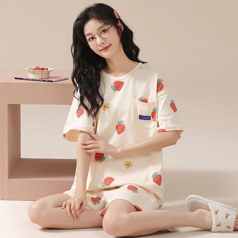 New Style Pajamas Women's Summer Short-sleeved Pullover Thin Cartoon Cartoon Bear Girl Home Clothes suit Women's Outwear