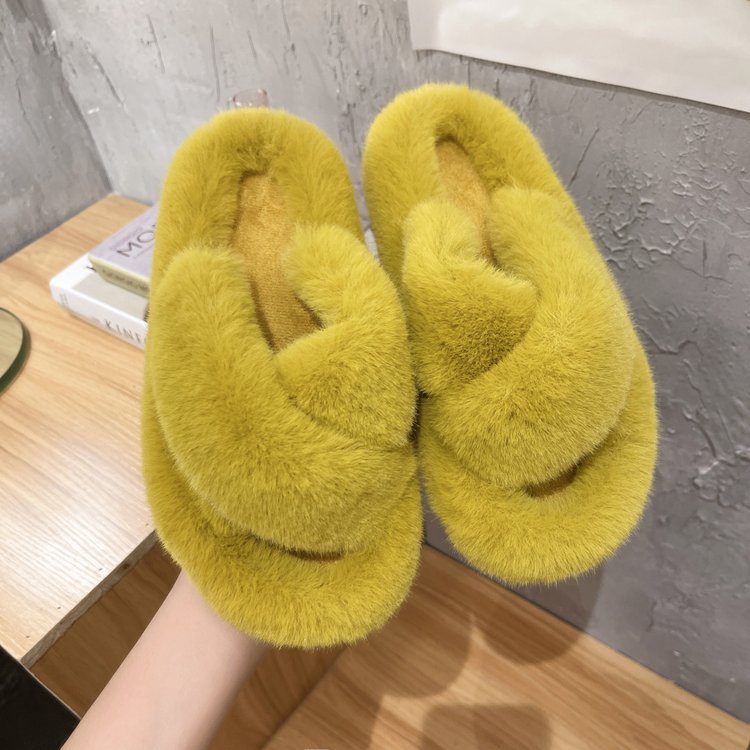 Foreign Trade Furry Slippers for Women 2025 Autumn and Winter New Korean Style Lazy Outer Wear Cross Thick-Soled Open-Toe Slippers for Outer Wear