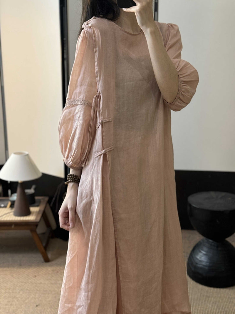 Summer New Style Quality Ramie Handmade Buckle Lace Lace Guofeng dress Double-Layer Skirt suit