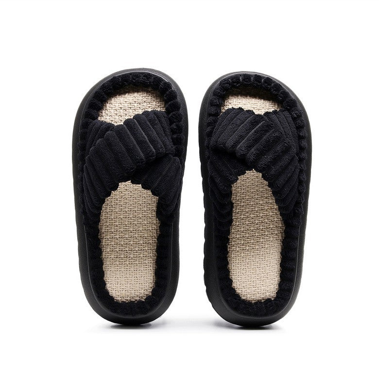 Cross-Border 2023 New Style Home Linen Slippers with a Stepping-On-Clouds Feel, Simple and Casual, Comfortable Lace Suede Women's Plush Slippers