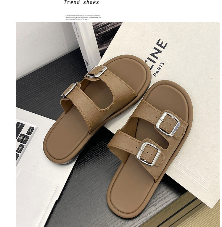 Cross-Border Slippers for Women Summer Flat-Soled Double-Strap Double-Buckle Slippers Southeast Asia New Foreign Trade Fashion Outer Wear Beach Sandals