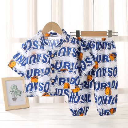 Children's Home Clothes Cotton Silk Suit Summer Boys and Girls Pajamas Artificial Cotton Two-Piece Set Cotton Silk Air-Conditioned Clothes Kidsren's Clothing