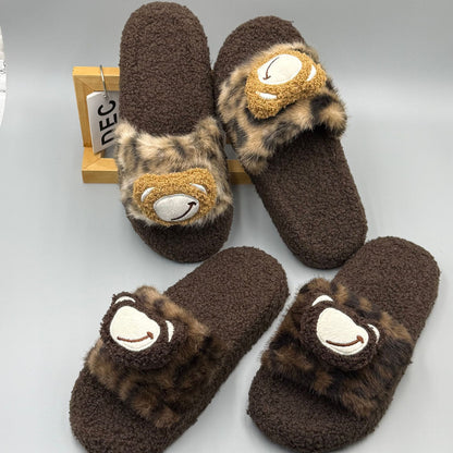 2025 Autumn and Winter New Leopard Print Warm Fur Slippers, One-Line Outer Wear Cotton Slippers, Home Slippers, Fashionable Outer Wear Slippers for Women