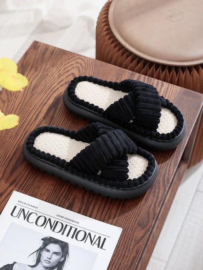 Cross-Border 2023 New Style Home Linen Slippers with a Stepping-On-Clouds Feel, Simple and Casual, Comfortable Lace Suede Women's Plush Slippers