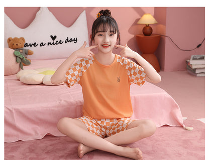 Children's Pajamas, Pure Cotton, Summer Short-Sleeved Shorts Set for Boys, Home Clothes for Girls, Air-Conditioned Clothes for Middle-Aged and Older Boys