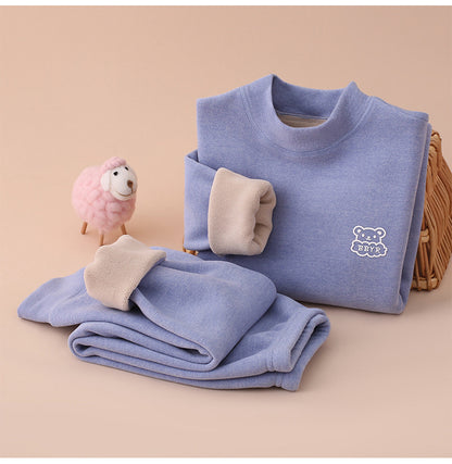 Autumn and winter fleece-lined children's clothing large children's mid-collar autumn pants children's inner warm bottoming shirt children's home clothing suit