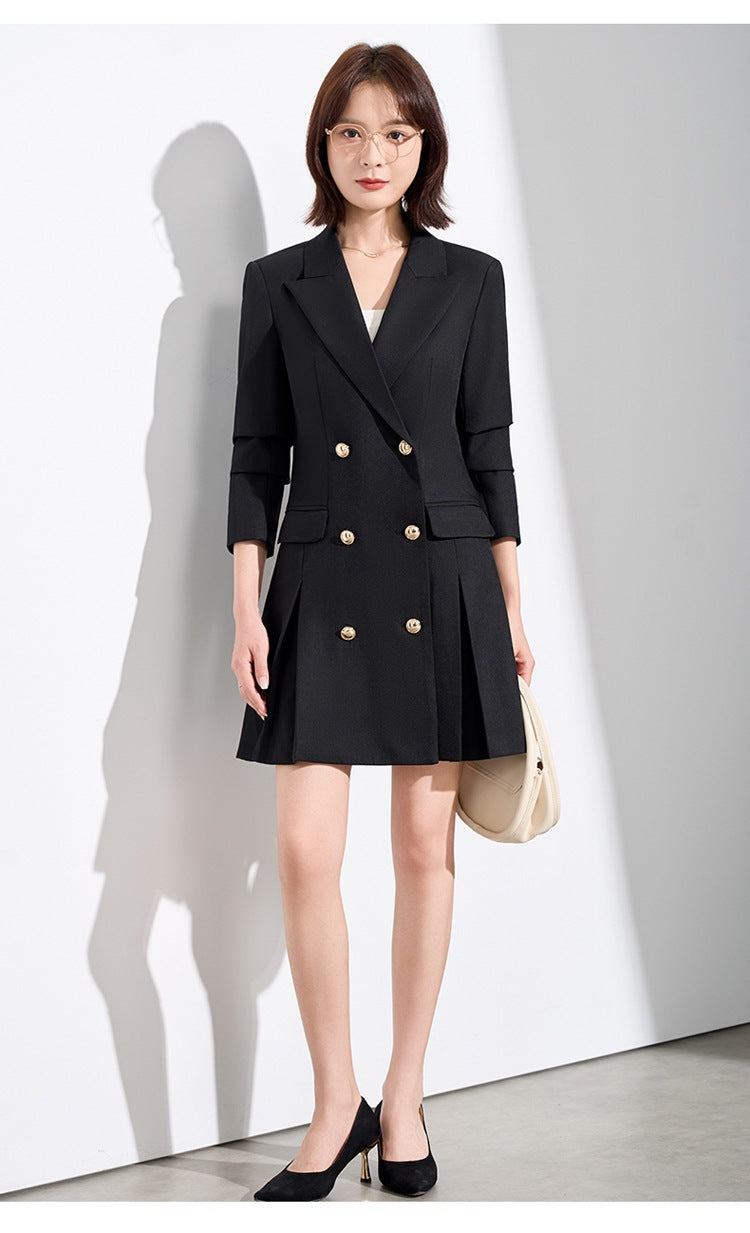 French Hepburn Style Small Black Dress High Sense High Cold Royal Sister Fried Street Small Fragrance Style Pleated Professional Suit dress Summer