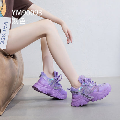 2026 Spring and Autumn Style Dad Shoes, Internet Celebrity Rhinestone Breathable Genuine Leather Shoes for Petite People, Popular Purple Thick-Soled Sports Shoes, Trendy on Instagram