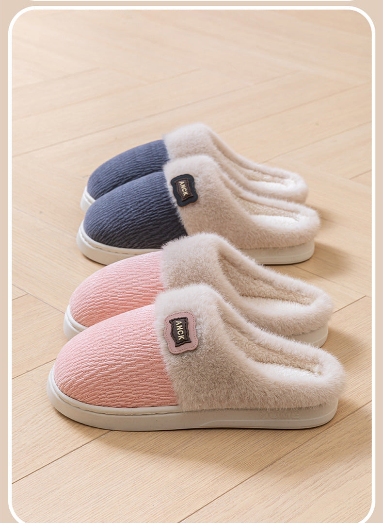 Cotton Slippers for Women, Fashionable Winter Indoor Home Non-Slip Plush Warm Couple Style Fleece-Lined Thick-Soled Cotton Slippers for Men