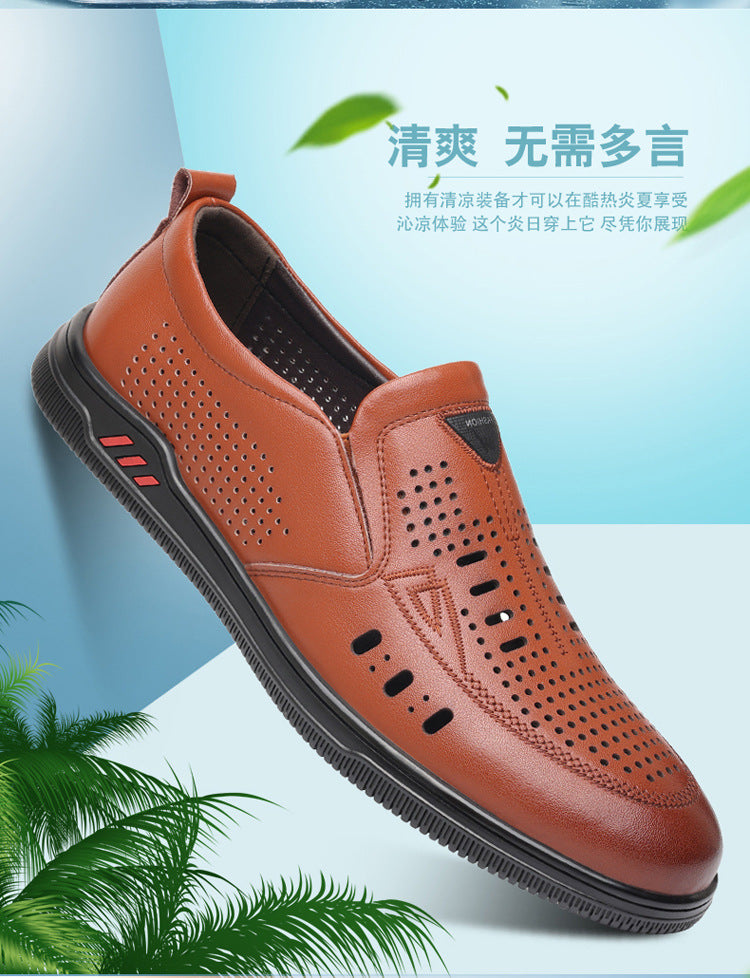 Summer Leather Shoes for Men, Casual Hollow Breathable Clogs, Soft Sole, Soft Mesh Shoes, Foreign Style Men's Shoes, Drop Shipping