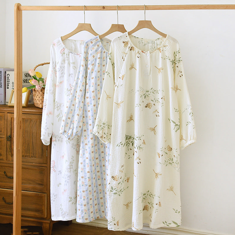 Crewneck Nightdress Women's Pajamas Spring and Autumn Cotton Long-sleeved dress Spring and Summer suit Cartoon Home Clothes for Women