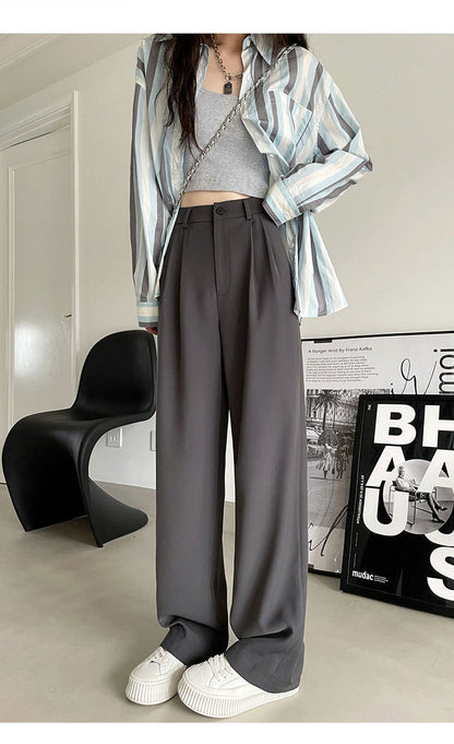 Gray Suit Pants for Women Spring and Summer New High-Waisted Double Pleated Slim Floor-Length Trousers Casual Straight Wide-Leg Pants