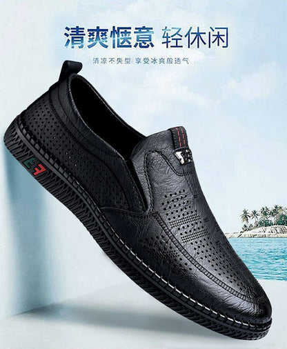 [Broken Size Processing] Leather Shoes Men's Genuine Leather Hole Shoes Dad Shoes Summer Soft Bottom Breathable Lazy Bean Shoes