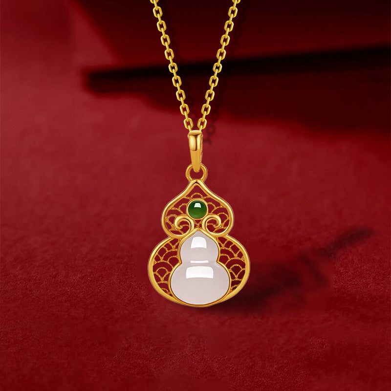 S925 Silver Simple and Fashionable Fulu Gourd Clavicle Chain Inlaid with Natural Hetian Jade High-End Necklace Factory Direct Sale