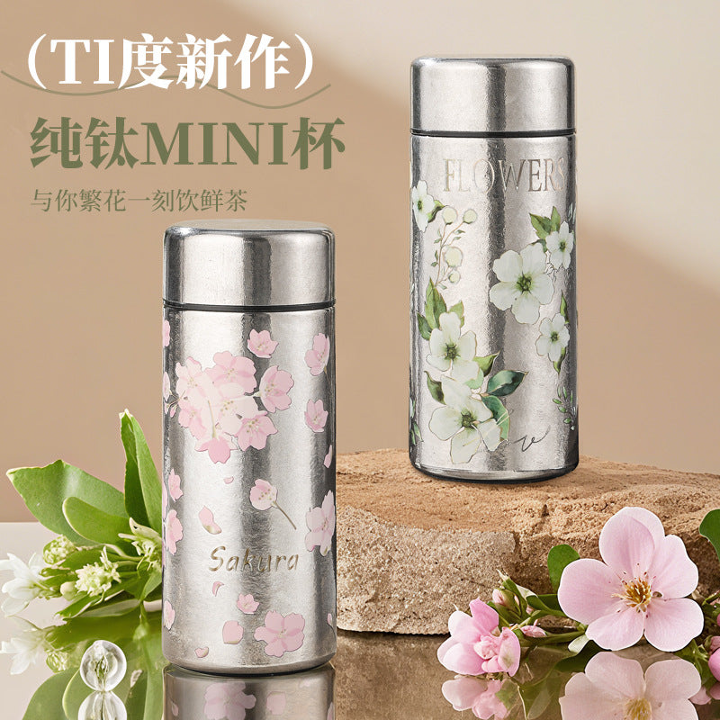 Pocket Insulated Cup Mini Compact Wave Cherry Blossom Rose Pure Titanium Coffee Mug Couple Portable Cute Healing Travel Companion