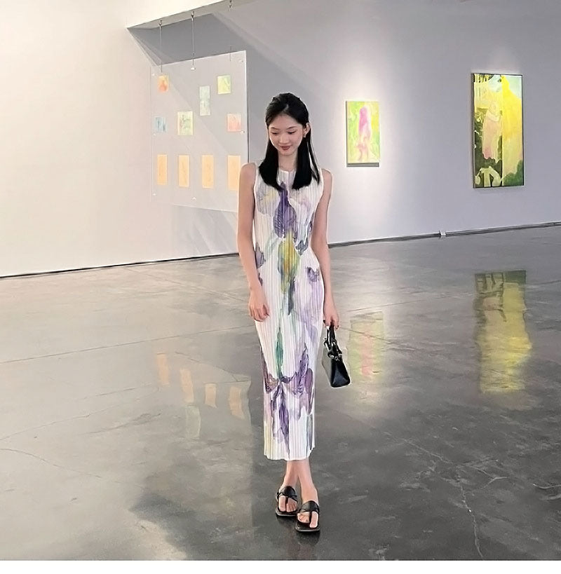 In Stock Miyake Dress Printed Elegant Elegant High-End Loose Slimming Look Elegant Round Neck Sleeveless Pleated Skirt