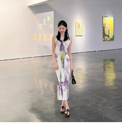 In Stock Miyake Dress Printed Elegant Elegant High-End Loose Slimming Look Elegant Round Neck Sleeveless Pleated Skirt