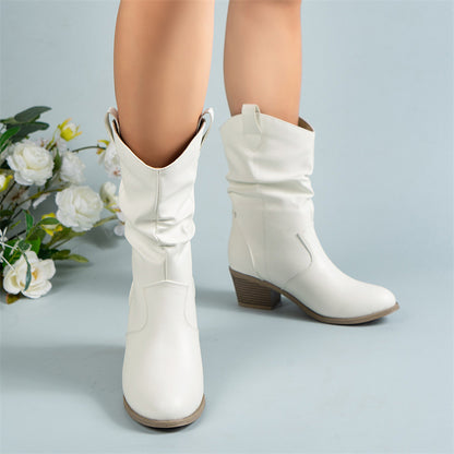 Boots Pleated One-Foot High Heel Mid-Helper Western Cowboy Women's Boots Mid-Helper Boots Fashion Women's Boots
